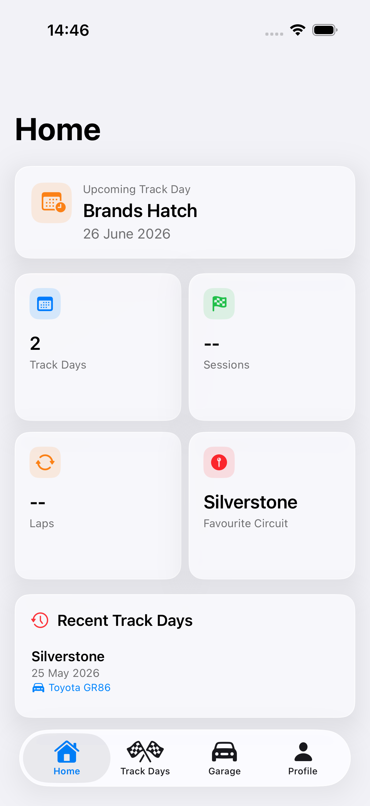 Pitlane home screen showing upcoming track day and recent track day history